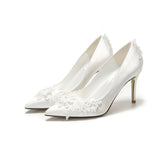 White high heels lace satin plus size bridal shoes