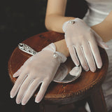 Short Pearl tulle bridal wedding gloves