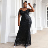 Plus Size Black Sequined Tassel Sleeve Party Dress Stripes Flash Evening Dress