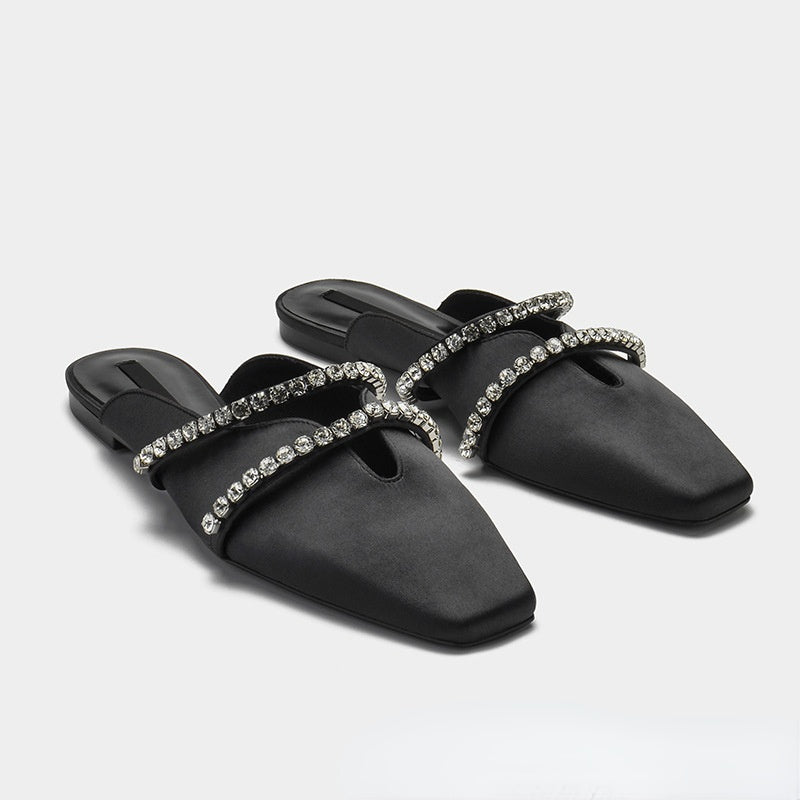Flat square toe slippers rhinestone chain toe cap Slipper women's shoes for outdoors