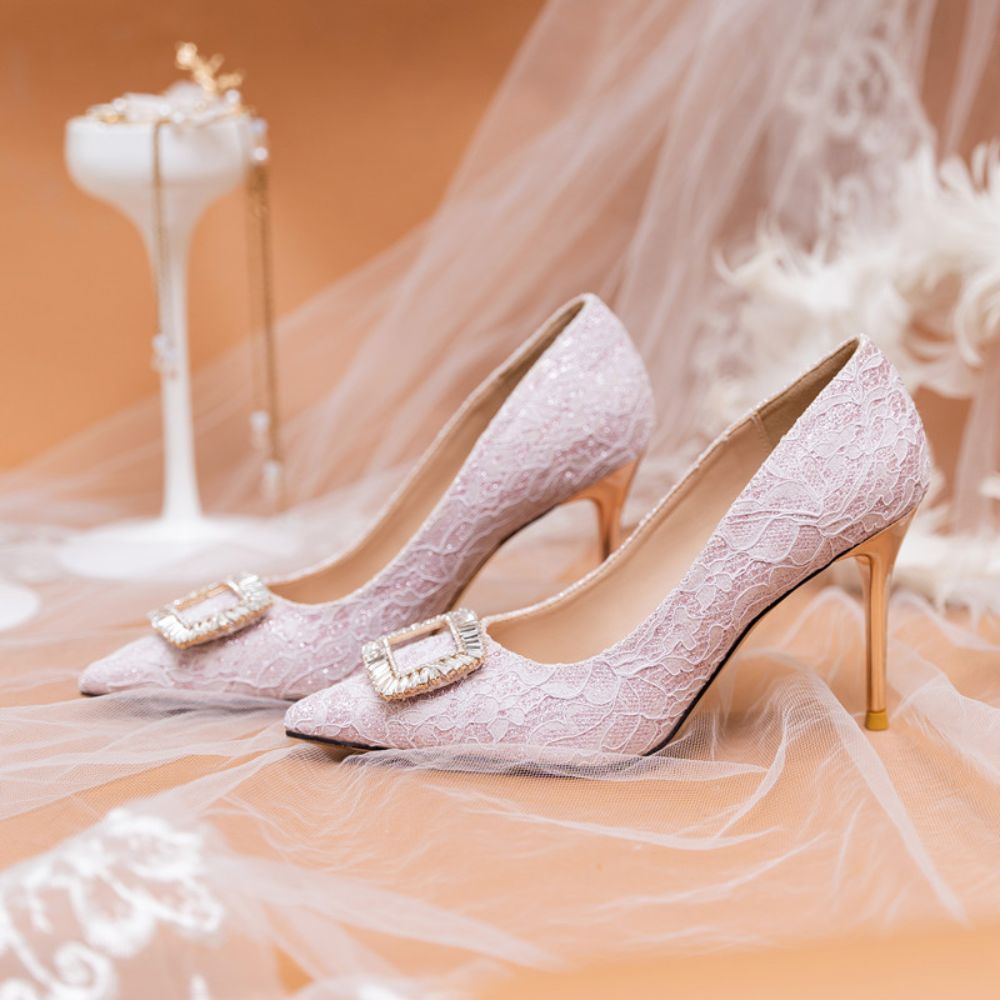 Lace pointed toe high heels rhinestone square buckle bridal shoes