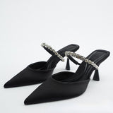 Women's shoes black satin rhinestone strap shiny ornament high heel pointed toe stiletto toe box sandals