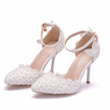 9cm sandals white lace beaded wedding shoes one-word wrist strap stiletto heel pointed wedding women's sandals
