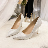 Lace bridal shoes women pointed toe shallow mouth stiletto heel high heels