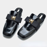 Women's shoes black patent leather Tiger ornament bow square toe flat bottom closed toe half slippers