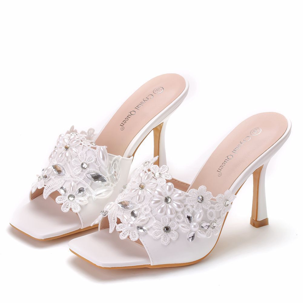 Square toe sandals slippers wine glass heel temperament lace shoes white square toe sandals women's rhinestone low-cut shoes