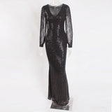 Women V Neck Hollow Out Tassel Long Sleeve Sequined Ball Night Prom Dress