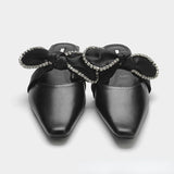 Women's shoes black bow square toe flat bottom sandals women's outer wear toe cap semi Slipper