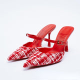 Women's shoes red plaid fabric slingback high heels pointed toe stiletto toe box half slippers