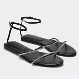 Flat sandals black crystal chain ankle-strap open toe outdoor fashion slippers women's shoes for outdoors