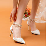 Pearl tassel lace white flowers ankle-strap high heel bridal shoes