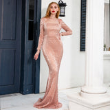 Women Long Sleeve Square Collar Sparkle Sequin Long Evening Party Dress