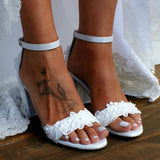 Large size high heel white bridal shoes women's chunky heel lace satin middle heel ankle-strap sandals