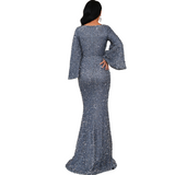 Women Sweetheart Neck Trumpet Long Sleeve Floor Length Sequins Evening Dress